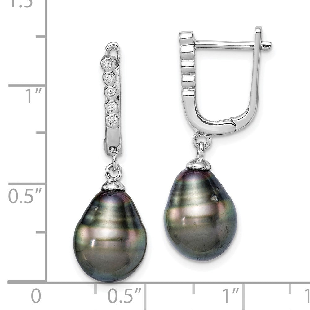 Rhodium-plated Sterling Silver 9-10mm Tahitian Pearl CZ Dangle Earrings