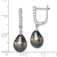 Rhodium-plated Sterling Silver 9-10mm Tahitian Pearl CZ Dangle Earrings