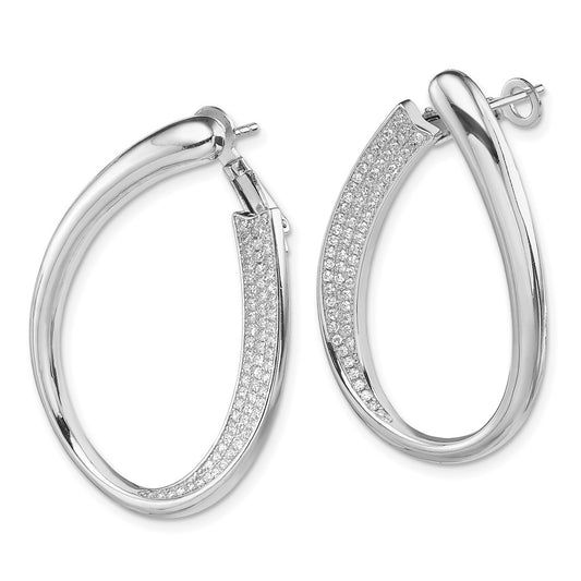 Rhodium-plated Silver CZ Pave Front and Back Oval Hoop Earrings