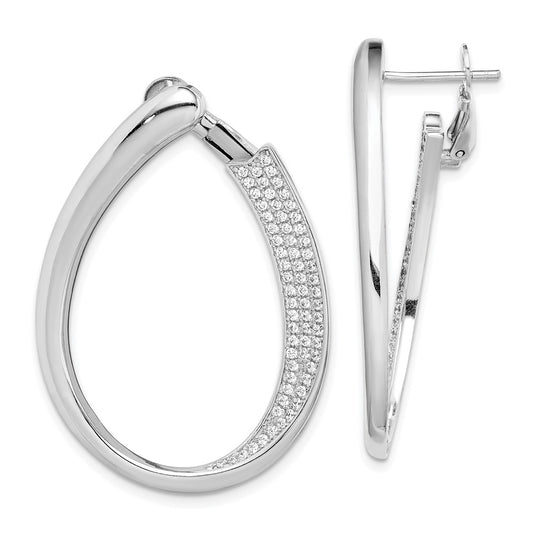 Rhodium-plated Silver CZ Pave Front and Back Oval Hoop Earrings