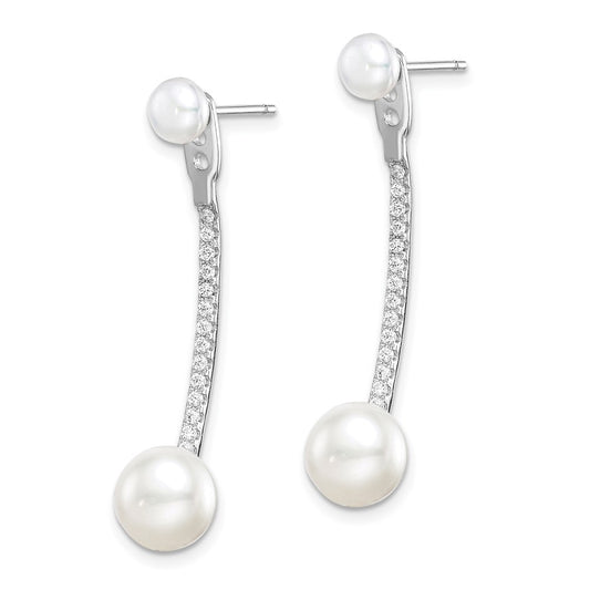 Rhodium-plated Sterling Silver FWC Pearl and CZ Front Back Earrings