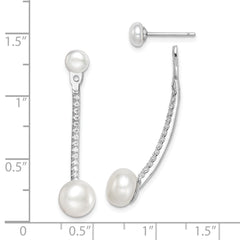Rhodium-plated Sterling Silver FWC Pearl and CZ Front Back Earrings