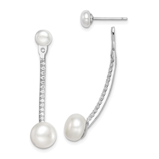 Rhodium-plated Sterling Silver FWC Pearl and CZ Front Back Earrings