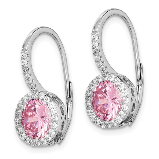 Rhodium-plated Sterling Silver Pink White CZ Leverback Earrings