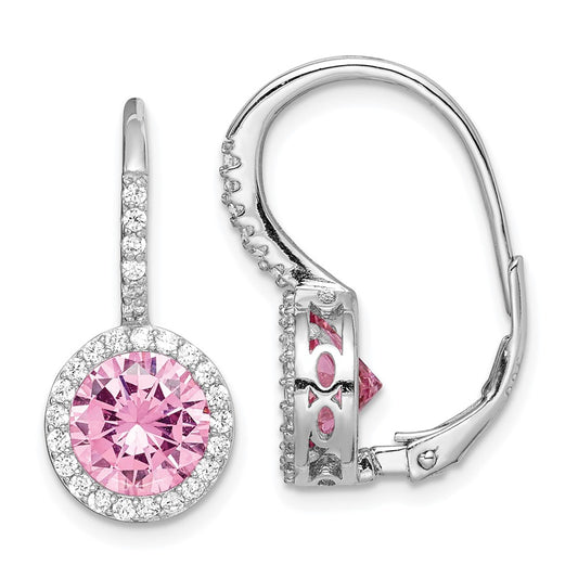 Rhodium-plated Sterling Silver Pink White CZ Leverback Earrings