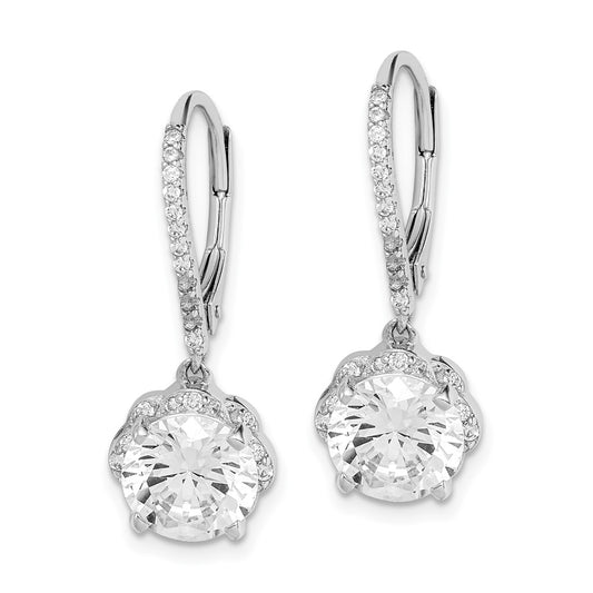 Rhodium-plated Sterling Silver CZ Flower Leverback Dangle Earrings