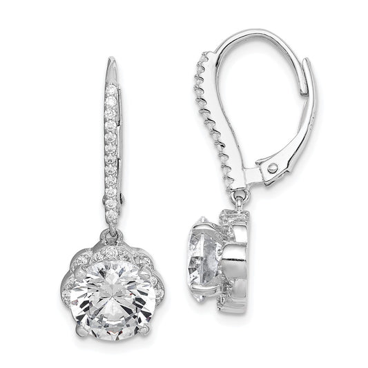 Rhodium-plated Sterling Silver CZ Flower Leverback Dangle Earrings