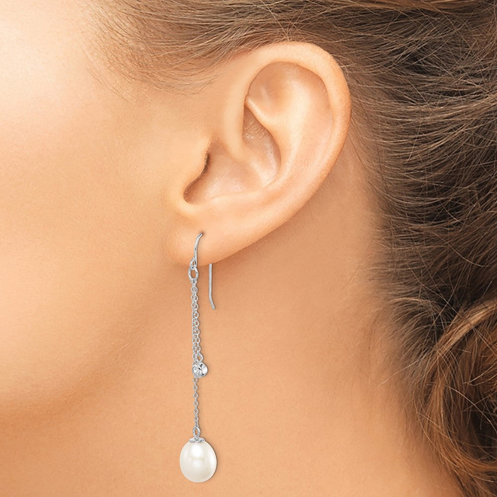 Rhodium-plated Sterling Silver 9-10mm Drop FWC Pearl CZ Dangle Earrings