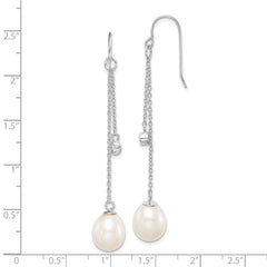 Rhodium-plated Sterling Silver 9-10mm Drop FWC Pearl CZ Dangle Earrings