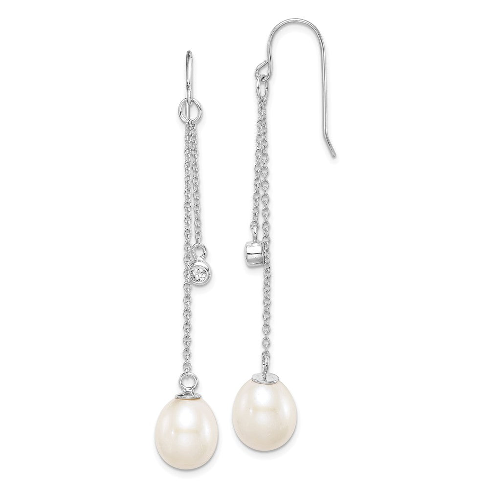 Rhodium-plated Sterling Silver 9-10mm Drop FWC Pearl CZ Dangle Earrings