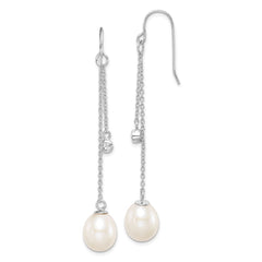 Rhodium-plated Sterling Silver 9-10mm Drop FWC Pearl CZ Dangle Earrings