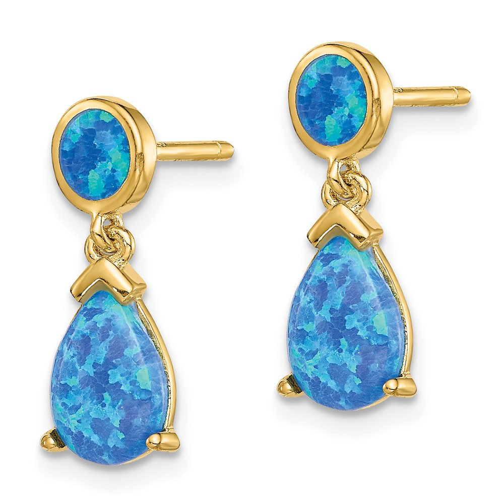 Yellow Gold-plated Sterling Silver Created Blue Opal Teardrop Post Dangle Earrings