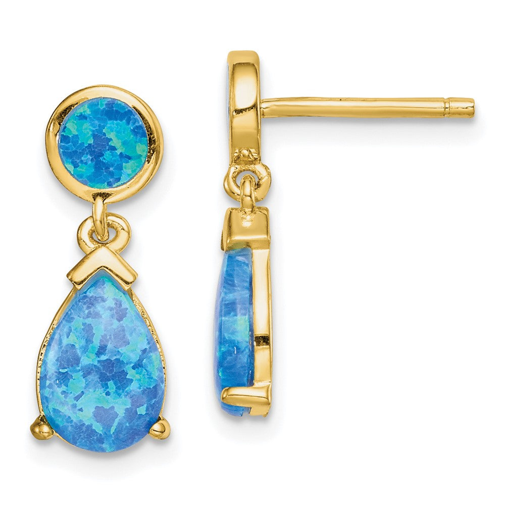 Yellow Gold-plated Sterling Silver Created Blue Opal Teardrop Post Dangle Earrings