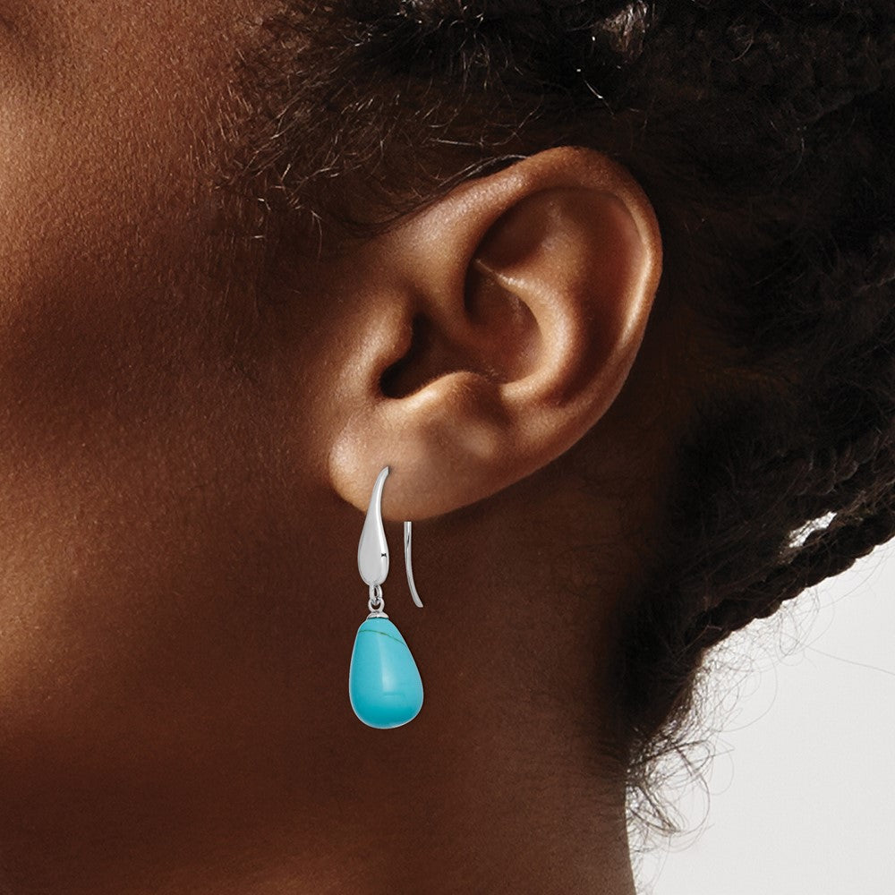 Rhodium-plated Sterling Silver Created Turquoise Teardrop Dangle Earrings