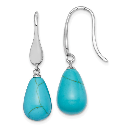 Rhodium-plated Sterling Silver Created Turquoise Teardrop Dangle Earrings
