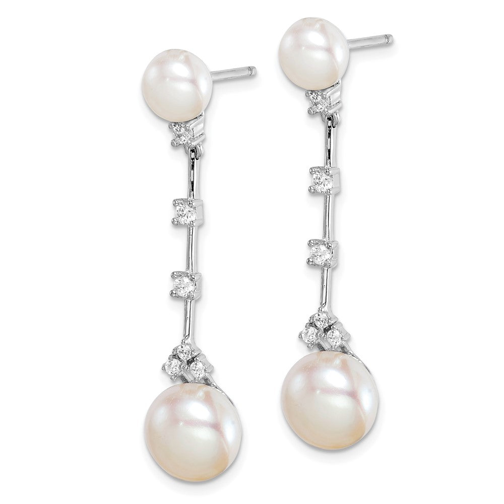 Rhodium-plated Sterling Silver CZ FWC Button Pearl Dangle Post Earrings