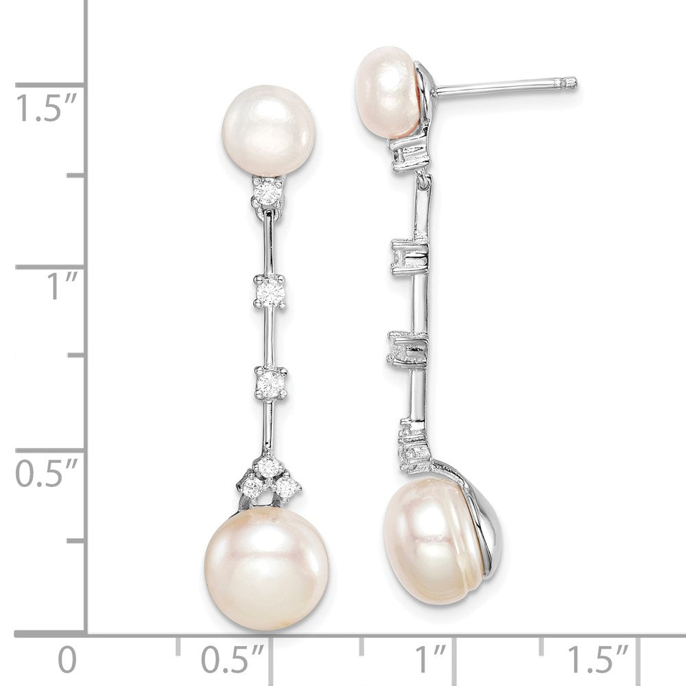 Rhodium-plated Sterling Silver CZ FWC Button Pearl Dangle Post Earrings