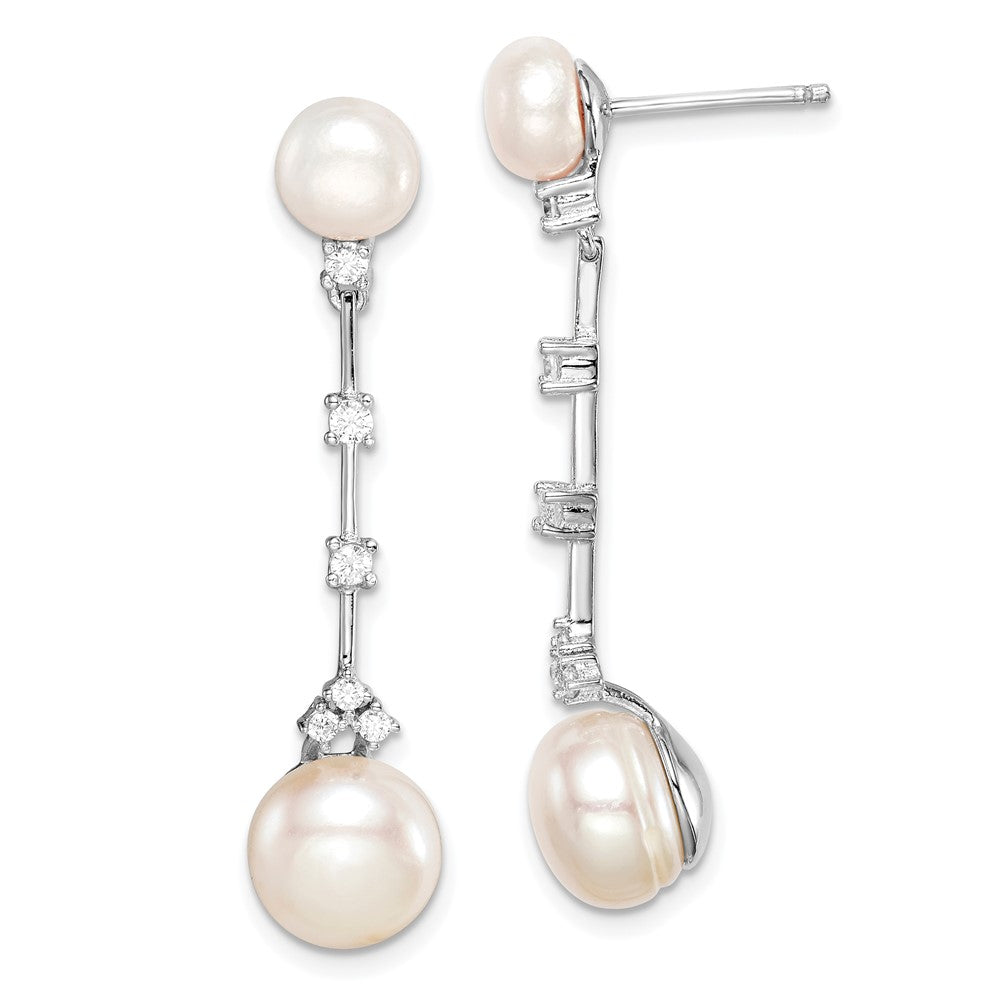 Rhodium-plated Sterling Silver CZ FWC Button Pearl Dangle Post Earrings