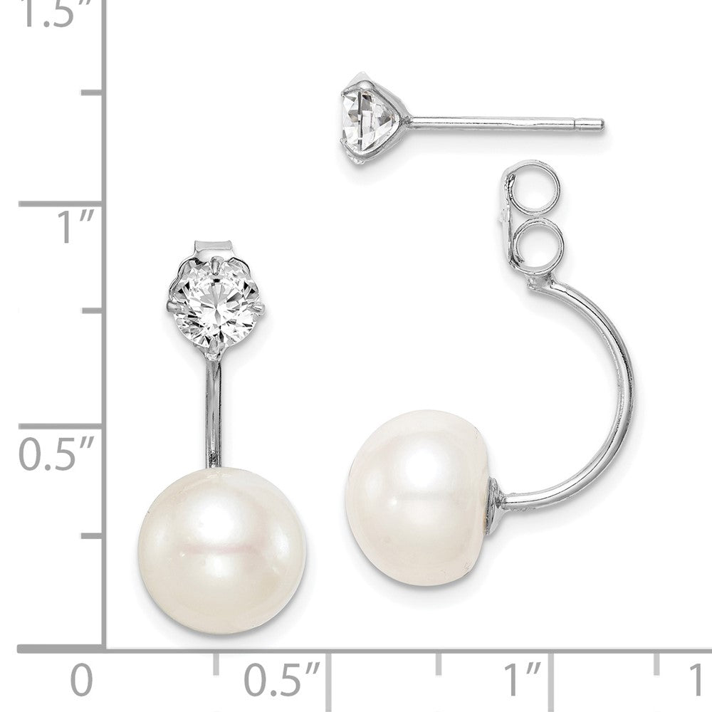 Rhodium-plated Sterling Silver 9-10mm Button FWC Pearl CZ Front Back Earrings