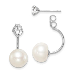 Rhodium-plated Sterling Silver 9-10mm Button FWC Pearl CZ Front Back Earrings