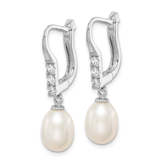 Rhodium-plated Sterling Silver 7-8mm Rice FWC Pearl CZ Leverback Earrings