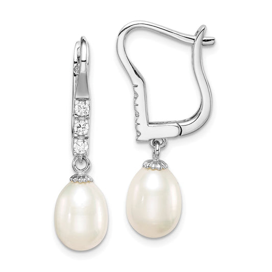 Rhodium-plated Sterling Silver 7-8mm Rice FWC Pearl CZ Leverback Earrings