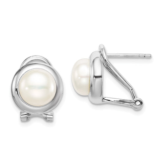 Rhodium-plated Sterling Silver 8-9mm Button FWC Pearl Omega Clip Earrings