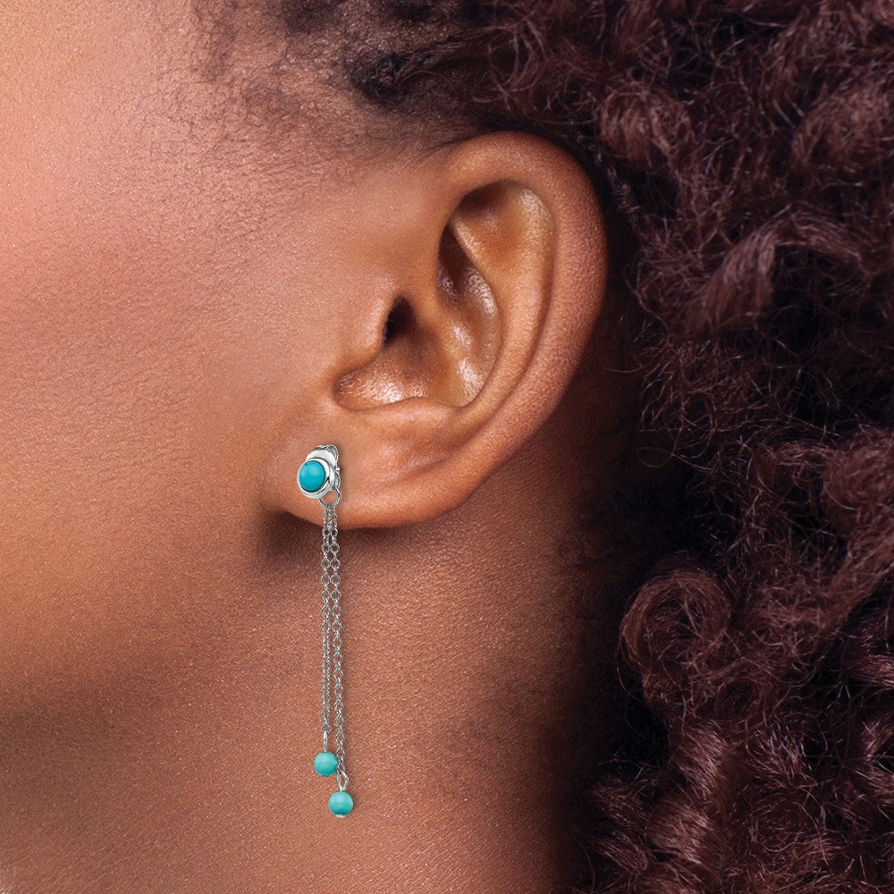 Rhodium-plated Silver Creat. Turquoise Chain Drop Front Back Earrings