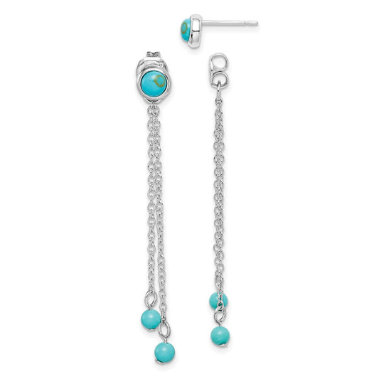 Rhodium-plated Silver Creat. Turquoise Chain Drop Front Back Earrings