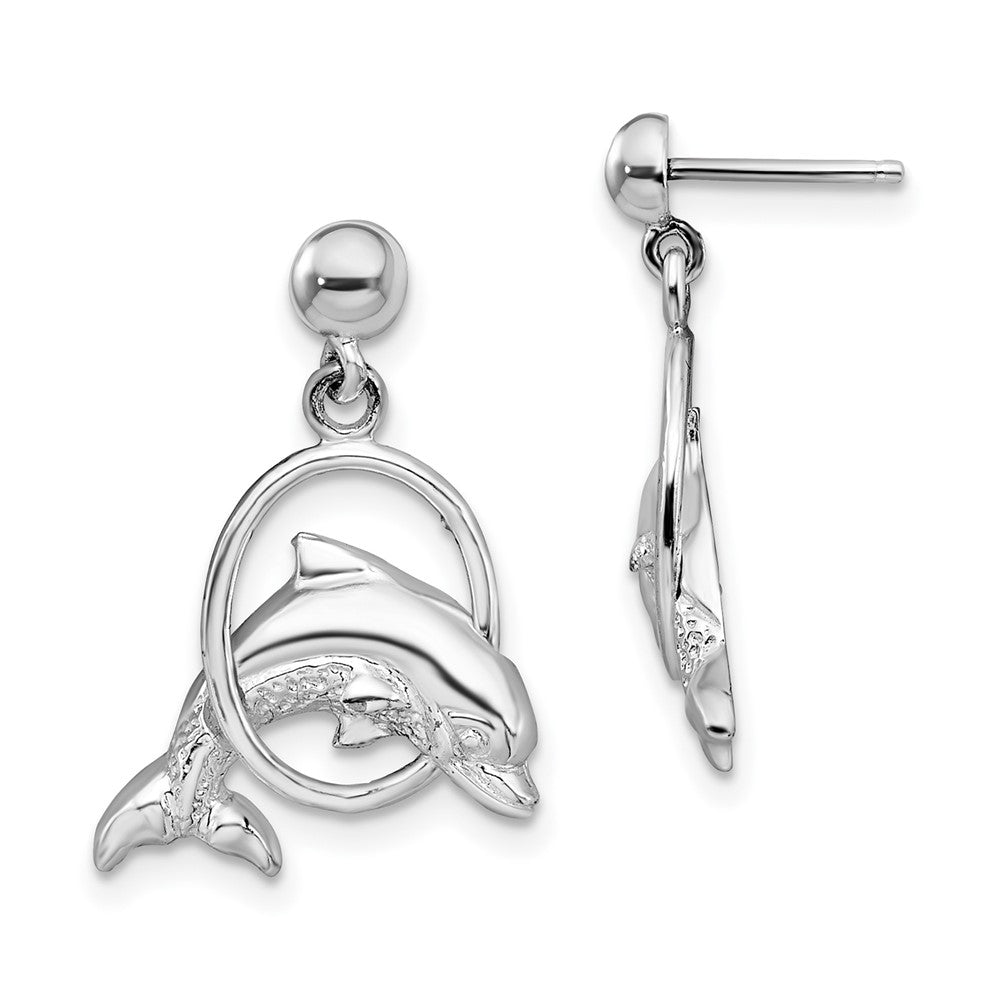 Sterling Silver Polished Dolphin in Hoop Dangle Post Earrings