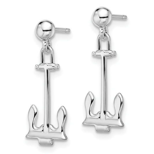 Sterling Silver Polished Navy Anchor Dangle Post Earrings
