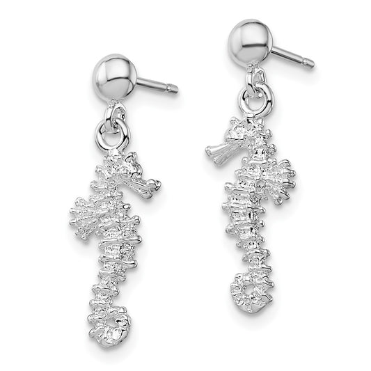 Sterling Silver Polished 3D Seahorse Dangle Post Earrings