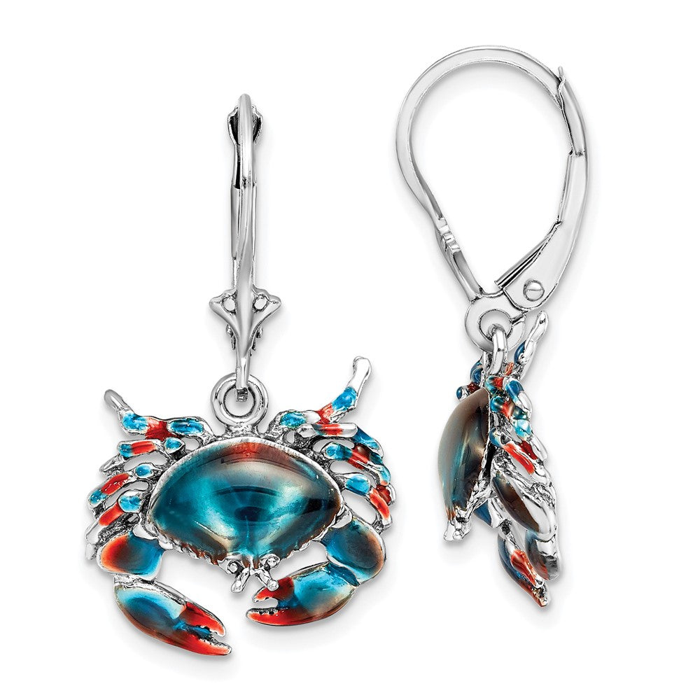 Sterling Silver Polished Enameled Stone Crab Leverback Earrings