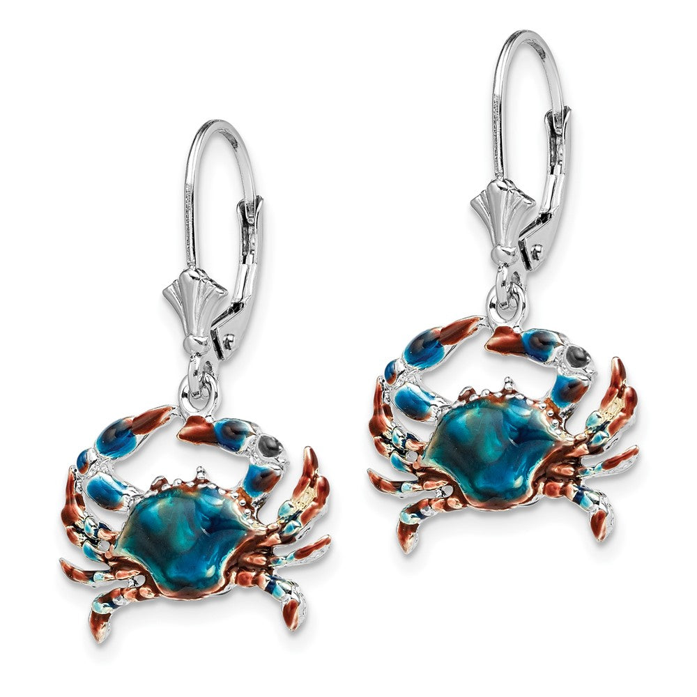 Sterling Silver Polished Enameled Blue Crab Leverback Earrings