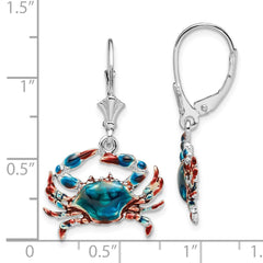 Sterling Silver Polished Enameled Blue Crab Leverback Earrings