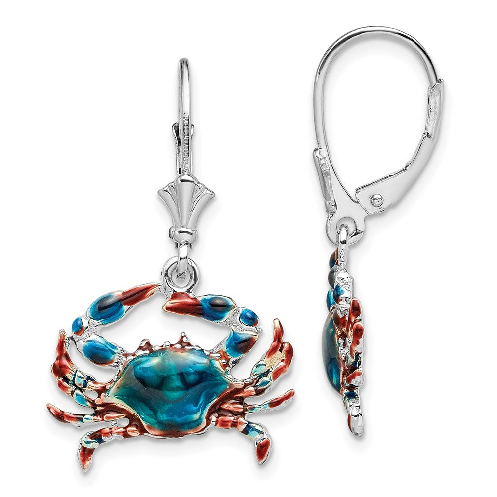 Sterling Silver Polished Enameled Blue Crab Leverback Earrings