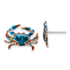Sterling Silver Polished Enameled Blue Crab Post Earrings