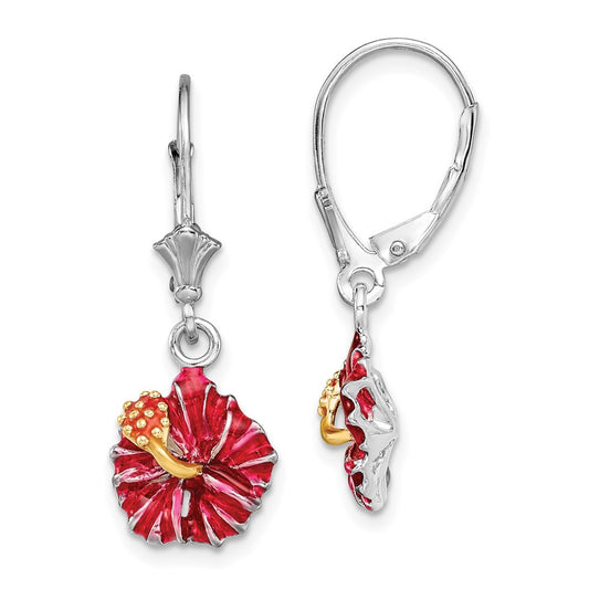 Sterling Silver Polished Enameled Red Hibiscus Leverback Earrings
