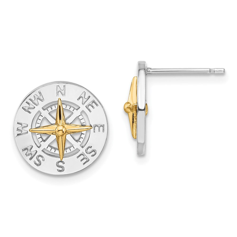 Sterling Silver Polished Mini Compass with 14K Needle Post Earrings