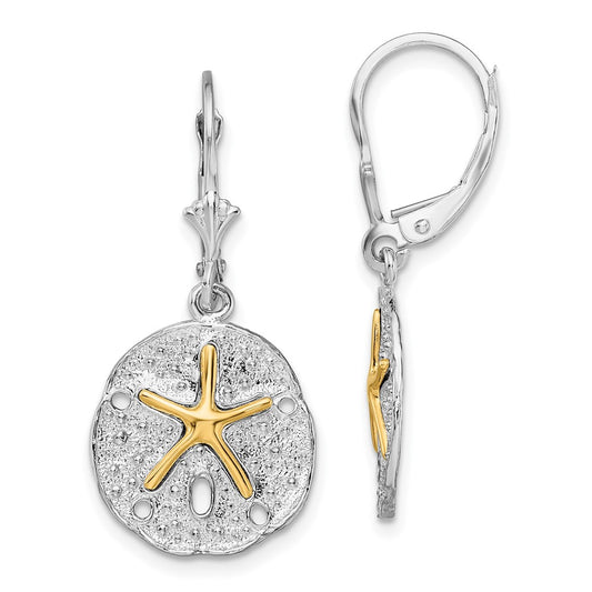 Sterling Silver Polish Sand Dollar with 14K Starfish Leverback Earrings