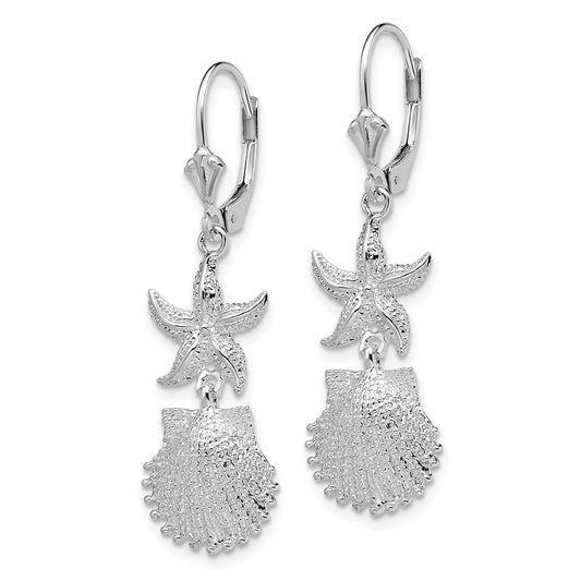 Sterling Silver Polished Starfish and Shell Leverback Earrings