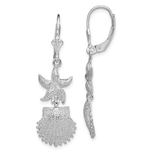 Sterling Silver Polished Starfish and Shell Leverback Earrings