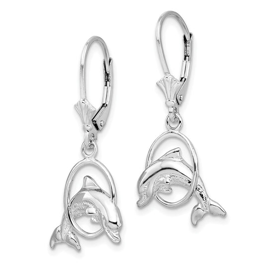 Sterling Silver Polished Dolphin in Hoop Leverback Earrings