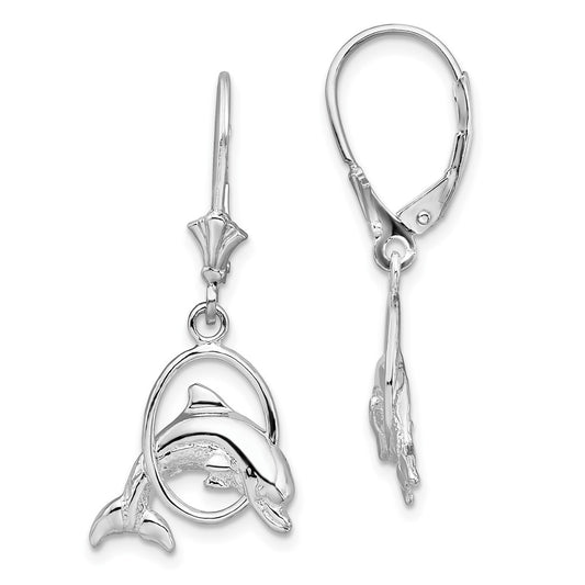 Sterling Silver Polished Dolphin in Hoop Leverback Earrings