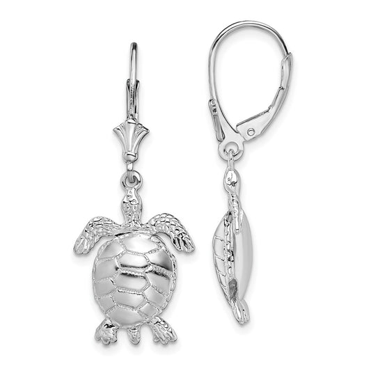 Sterling Silver Polished 3D Moveable Turtle Leverback Earrings