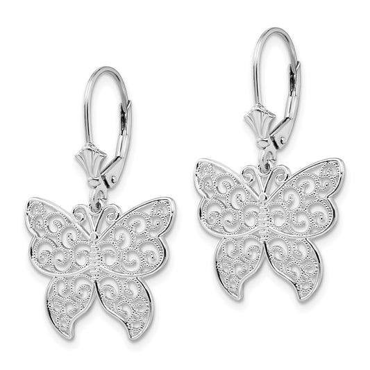 Sterling Silver Polished Filigree Butterfly Leverback Earrings
