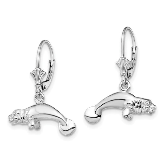 Sterling Silver Polished 3D Manatee Leverback Earrings