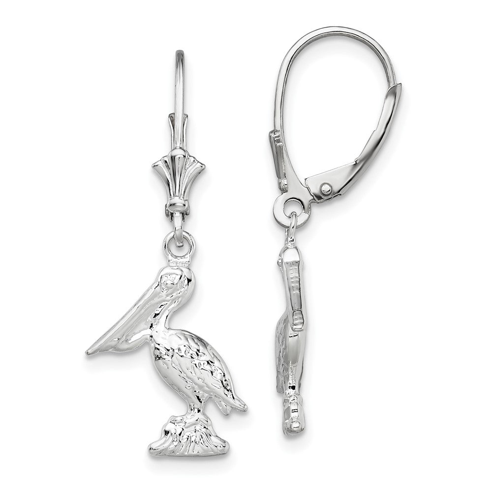 Sterling Silver Polished 3D Small Pelican Leverback Earrings