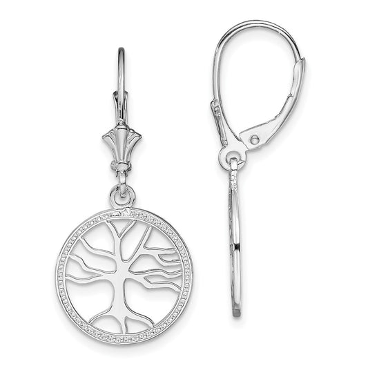 Sterling Silver Polished Tree of Life in Circle Leverback Earrings