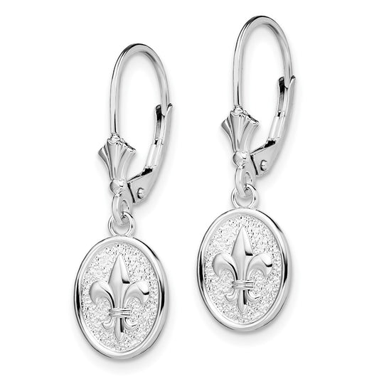 Sterling Silver Polished Mini Fleur de Lis Oval Leverback Earrings